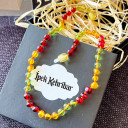 Kız Erkek, Kırmızı Karamel Yeşil 3 Renkli, Yuvarlak Kesim Baltık Kehribar Kolye, Sertifikalı (ipek-348)