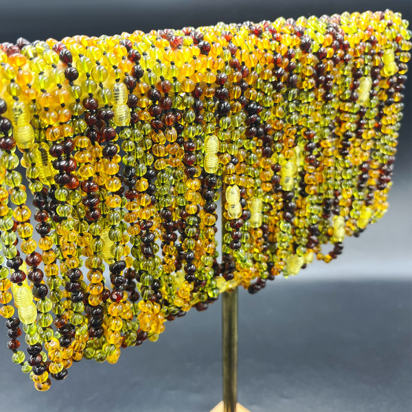 Karamel Yeşil Vişne 3 Renkli, Parlak, Yuvarlak Kesim Baltık Kehribar Kolye, Yenidoğan Hediyesi (ipek-520)