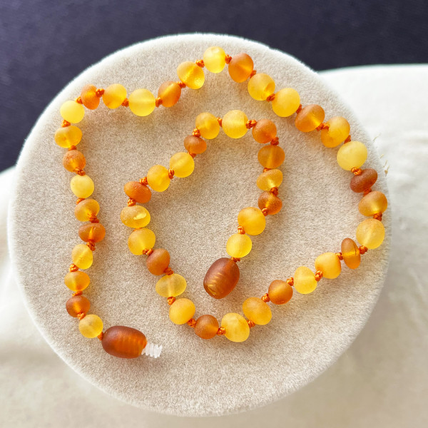 Mat Limon Konyak Karamel 3 Renkli, Yuvarlak Kesim Kehribar Kolye - Bebek Çocuk Diş Kolyesi (ipek-527)