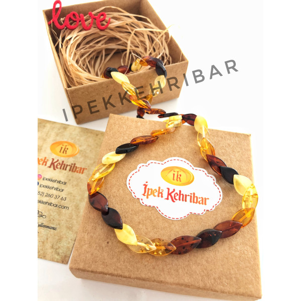 Multi Color Balıksırtı Model Kehribar Kolye - 4 Renkli Unisex Yetişkin Takısı (ipek-216)